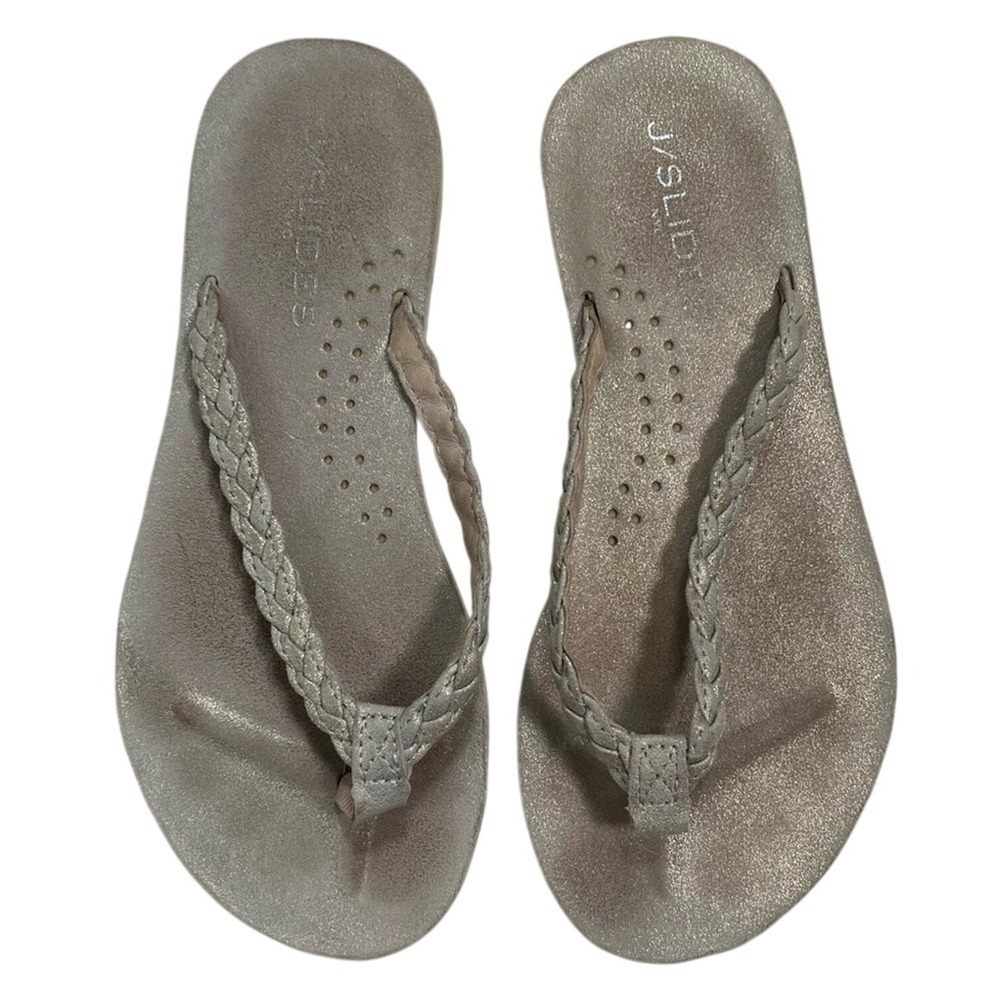 J/Slides Women's Nadia Metallic Leather Braided Flip Flops Size 6 Summer Shoes